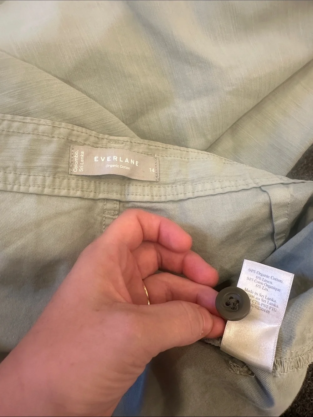 Everlane Pale Green Organic Cotton Linen Fatigue Barrel Leg Trousers Size 14